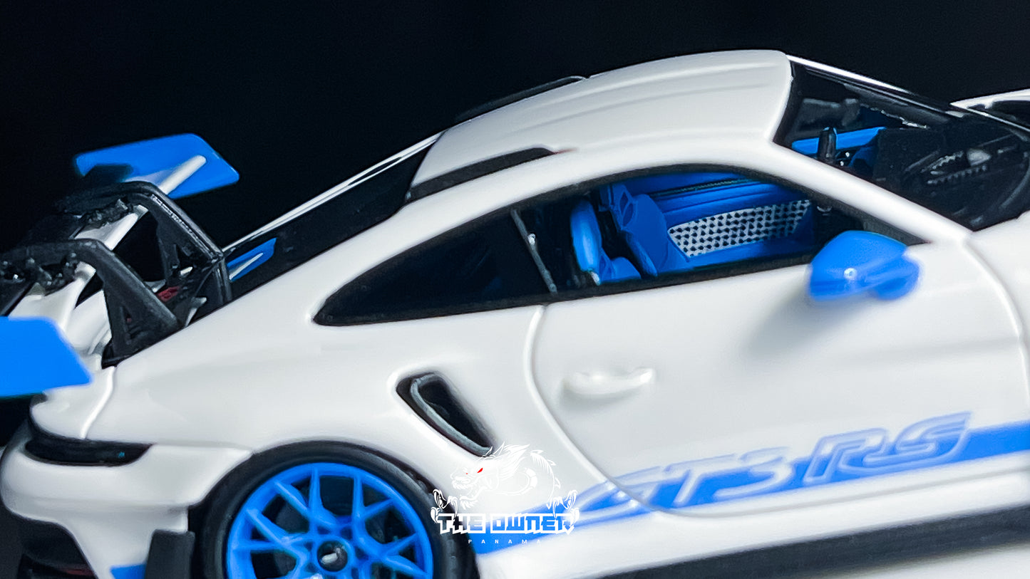 FuelMe & TPC Porsche 911 992 GT3 RS White with Blue Wheels Resin Model 1:64