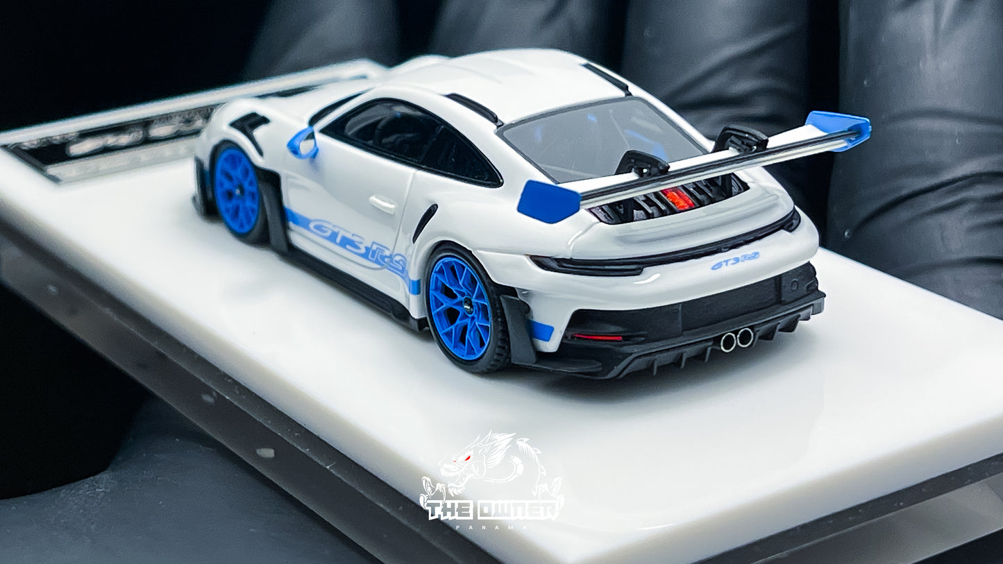 FuelMe & TPC Porsche 911 992 GT3 RS White with Blue Wheels Resin Model 1:64