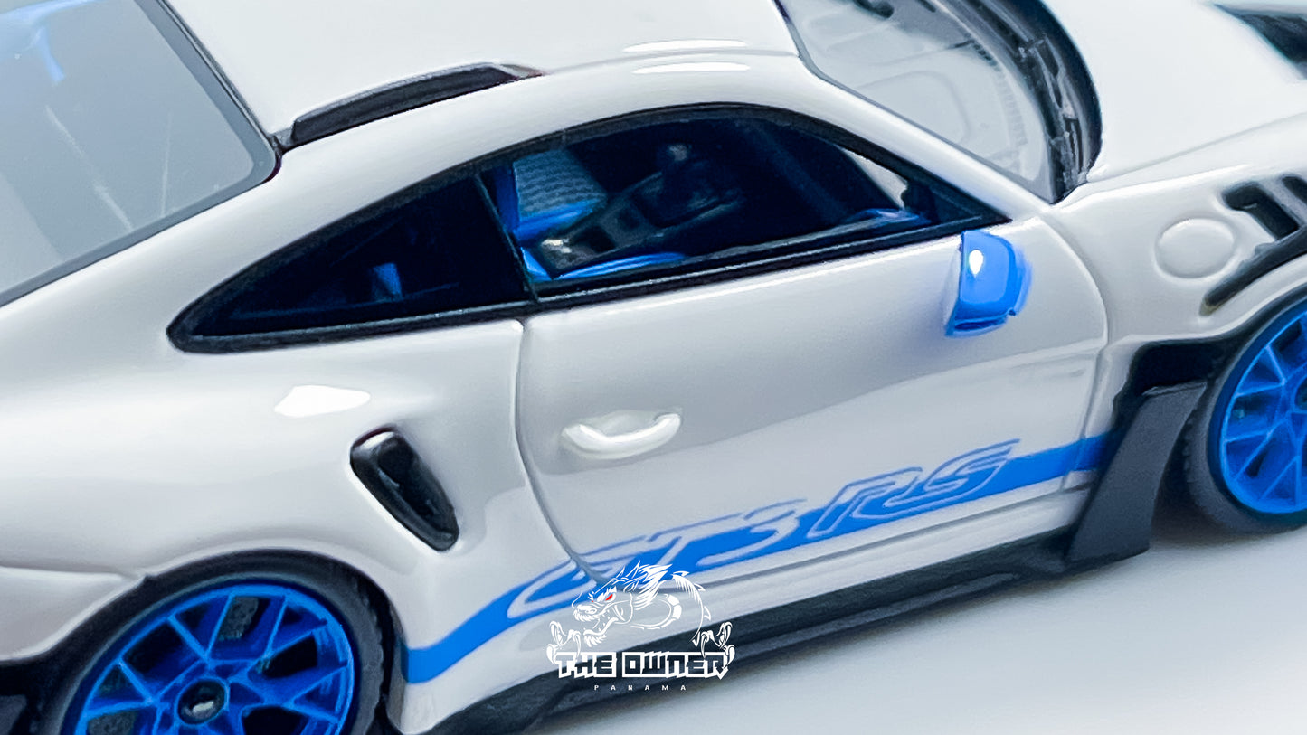 FuelMe & TPC Porsche 911 992 GT3 RS White with Blue Wheels Resin Model 1:64